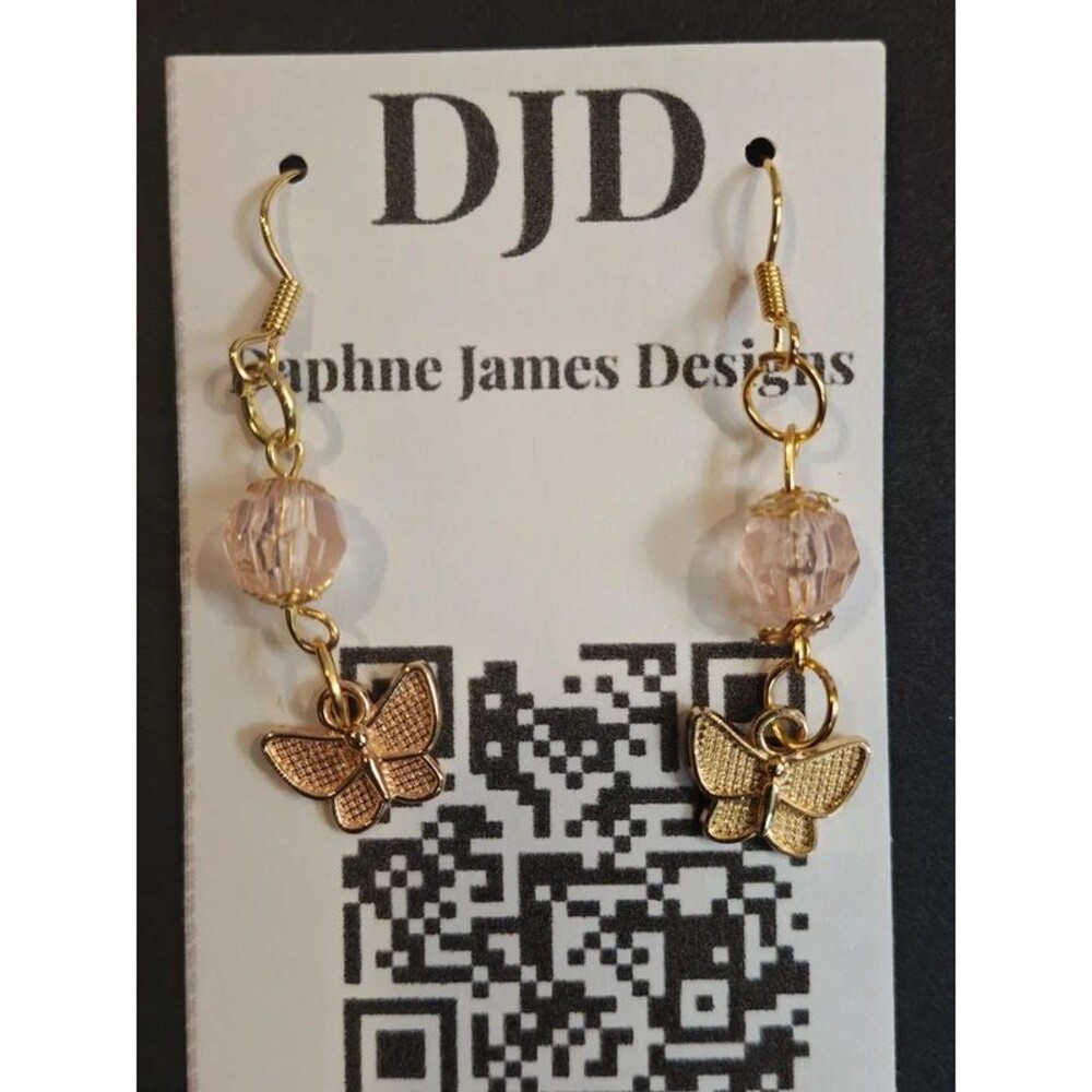 Handmade Gold Butterfly Dangle Earrings | Pink Bead Drop Earrings